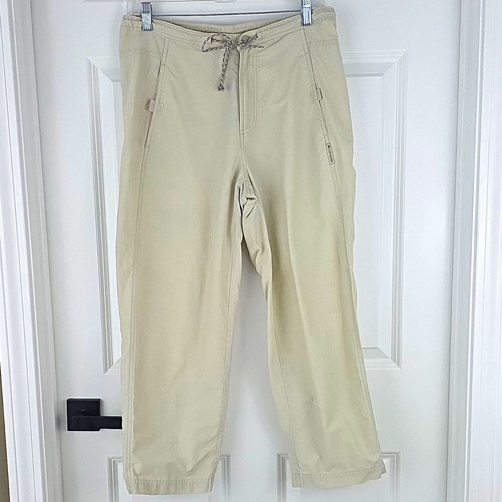 Women's COLUMBIA Beige Hiking Ankle Length Pants Size S Drawstring Pockets Logo